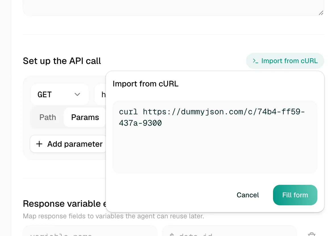 Import from cURL dialog with a curl command and a Fill form button