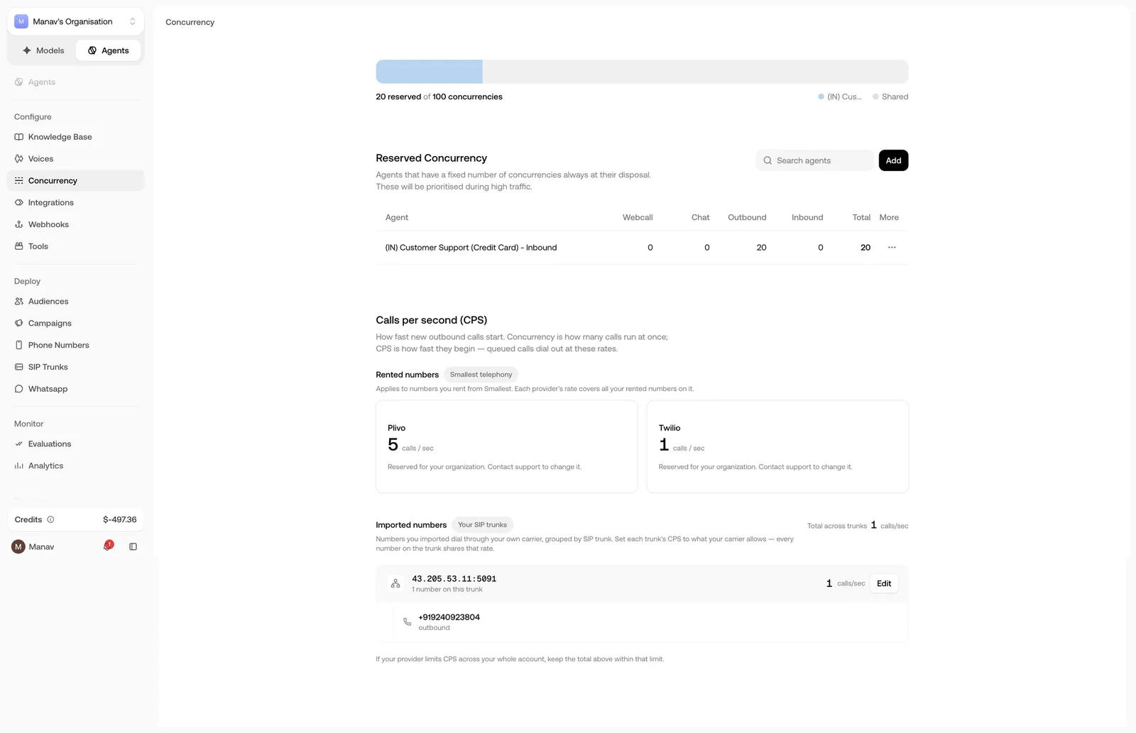 Concurrency page showing the Calls per second section with Plivo and Twilio rates for rented numbers and one imported SIP trunk at 1 call per second