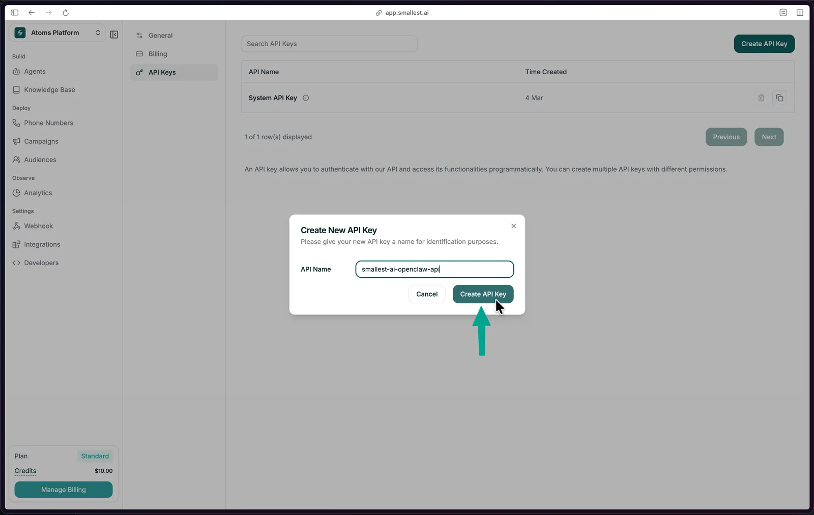 Create API Key dialog