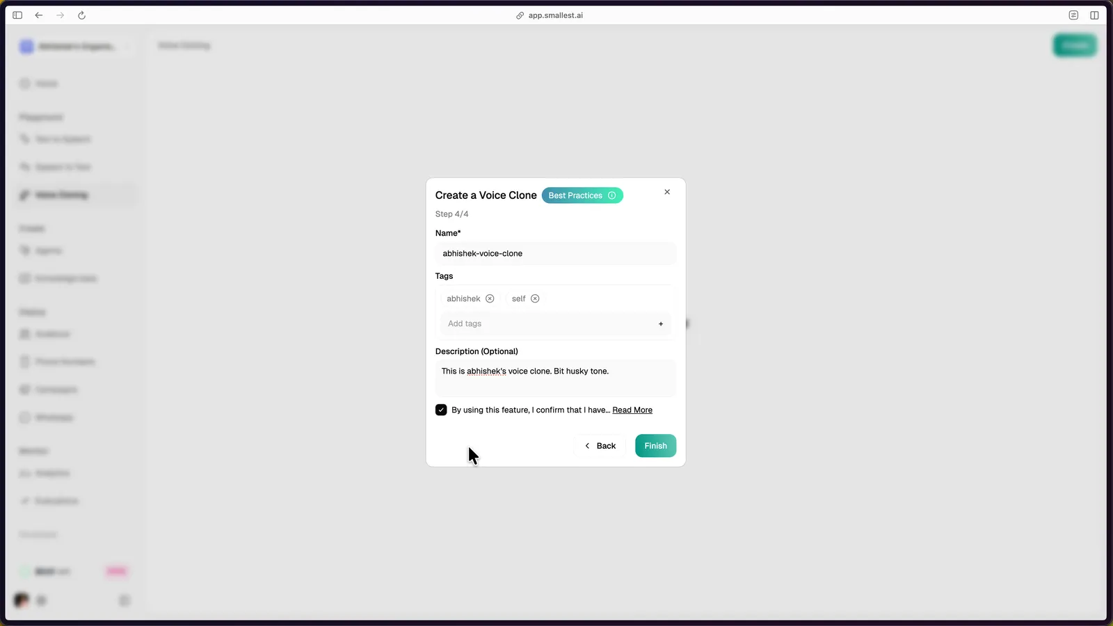 Create a Voice Clone dialog showing name, tags, and description fields with Finish button
