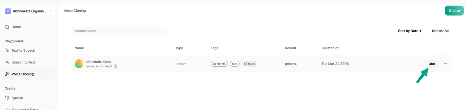 Voice Cloning dashboard with Use button highlighted for the cloned voice