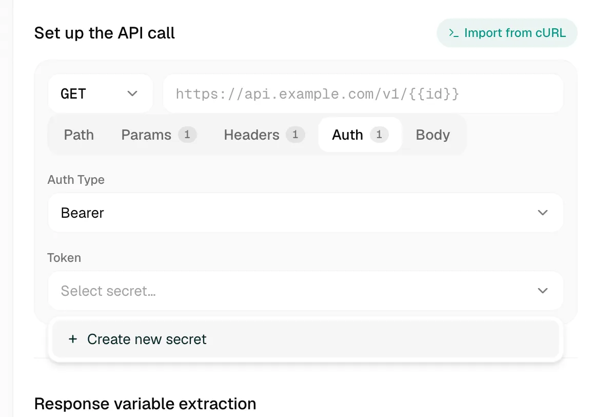 Auth tab set to Bearer with a Select secret dropdown and Create new secret option