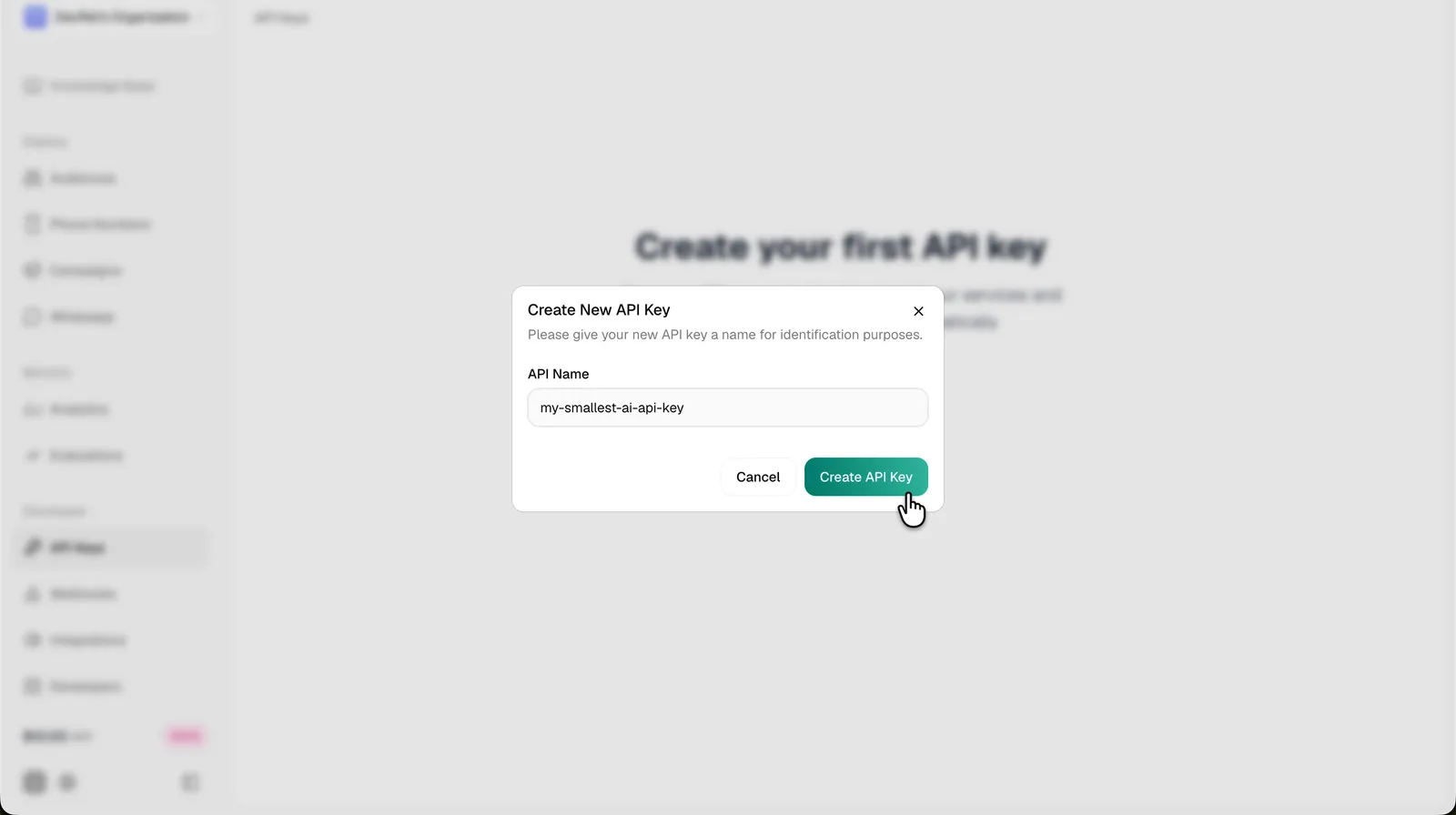 Create New API Key dialog with the API Name field and Create API Key button