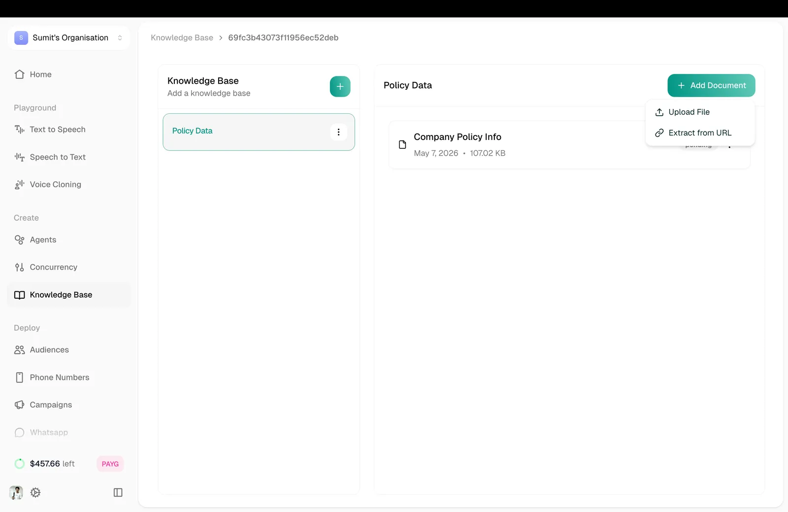 Add Document dropdown