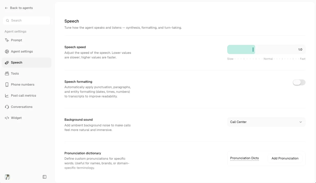 Speech settings tab showing voice, turn-taking, and listening controls