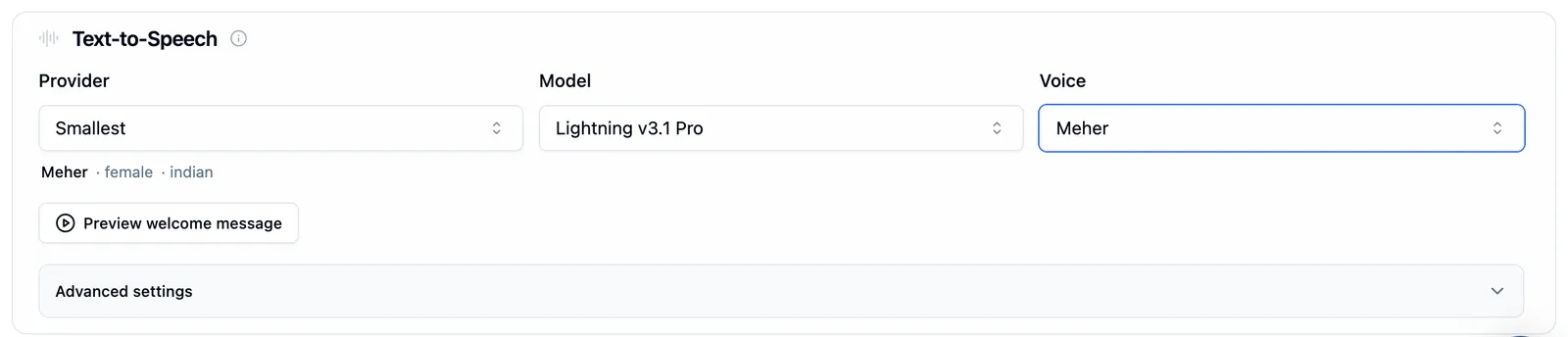 Bolna Audio tab with Smallest selected as the Text-to-Speech provider and Lightning v3.1 Pro as the model