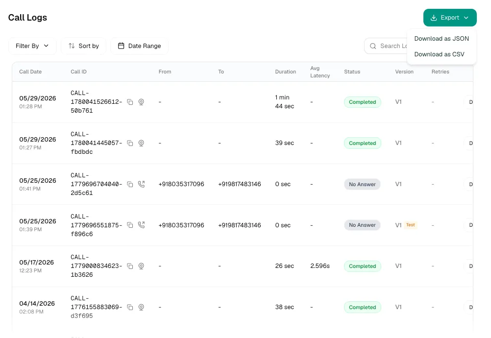 Call Logs list with Export menu open