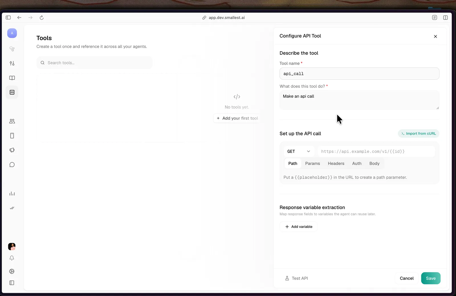 Configure API Tool panel with name, description, method, URL, and the Path/Params/Headers/Auth/Body tabs