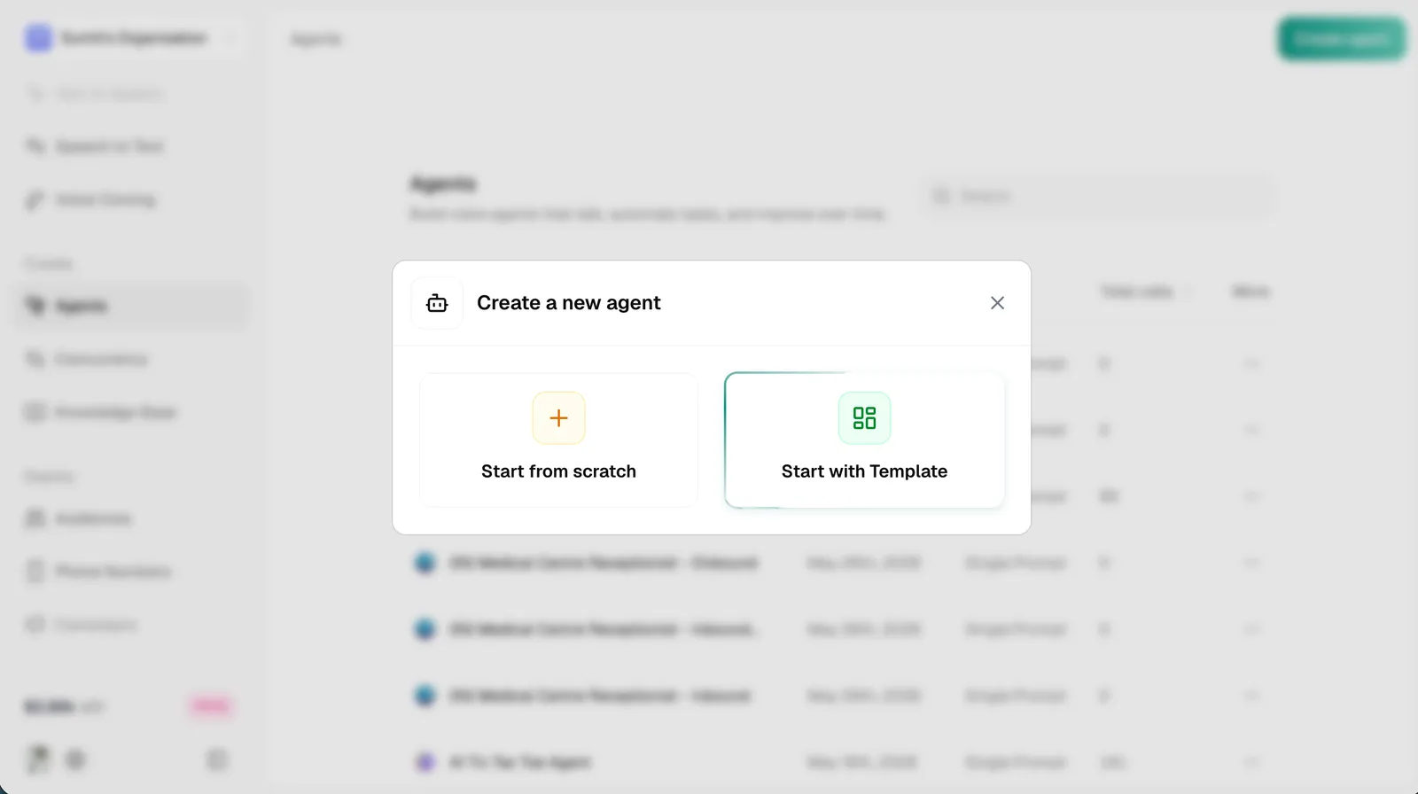 Choose Start with Template from the Create Agent modal
