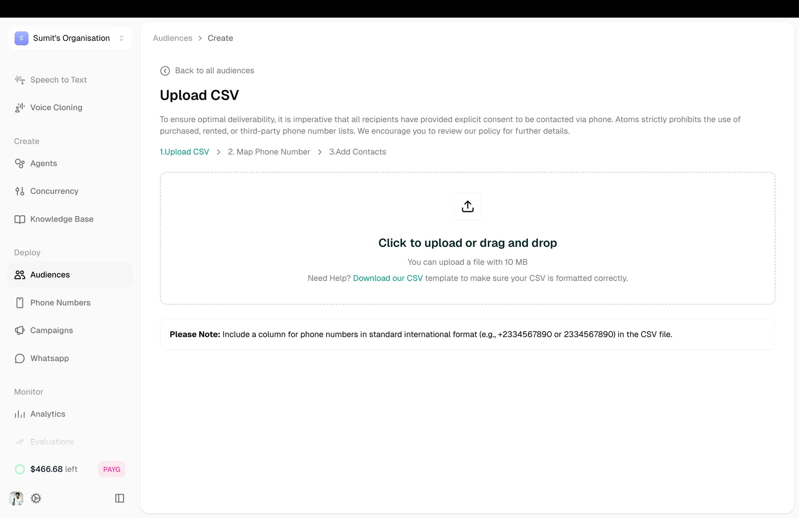 Upload CSV step