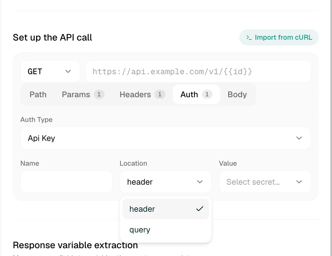 Api Key auth with Name, Location header or query, and Value secret picker
