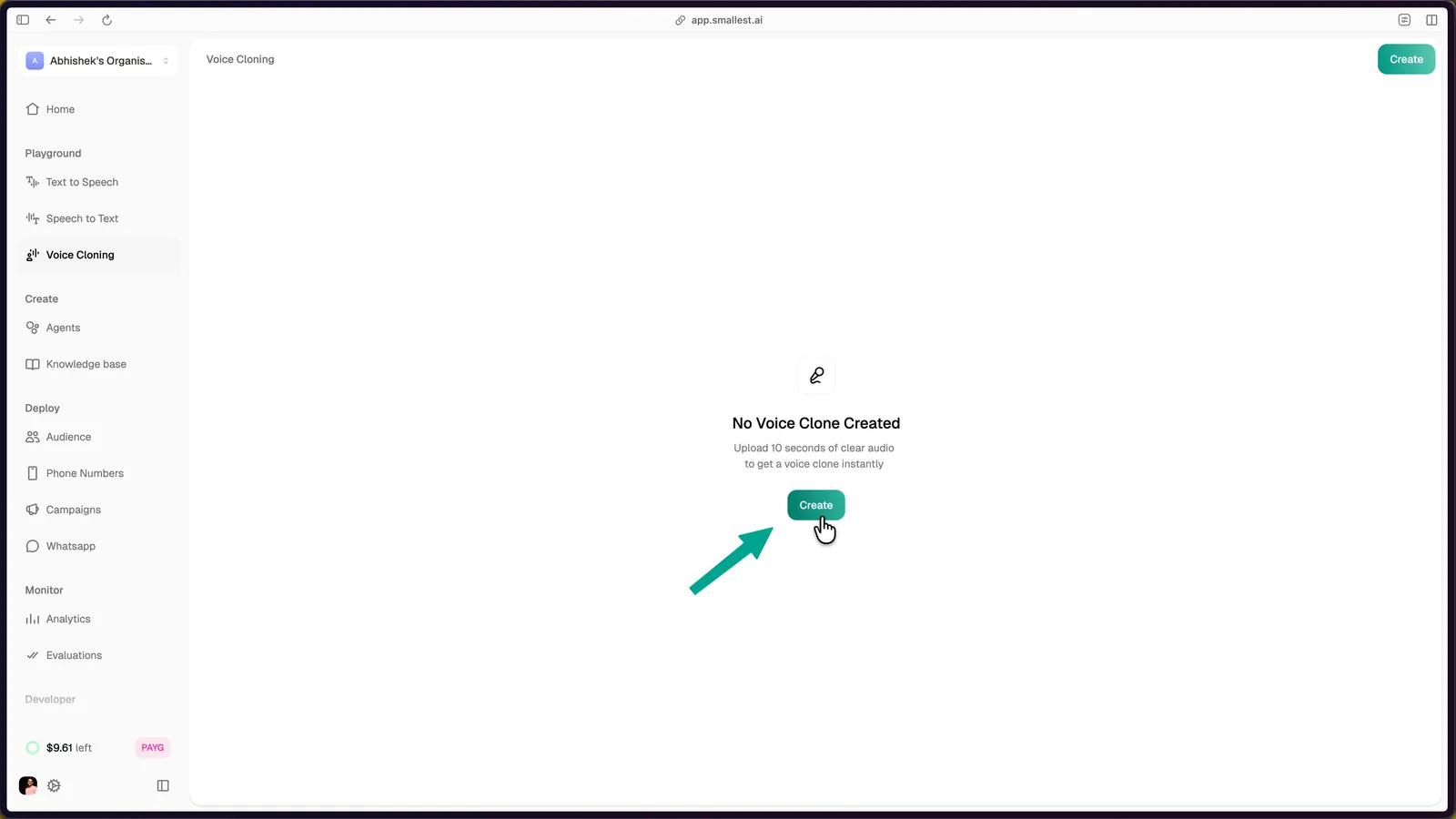 Voice Cloning page showing the Create button