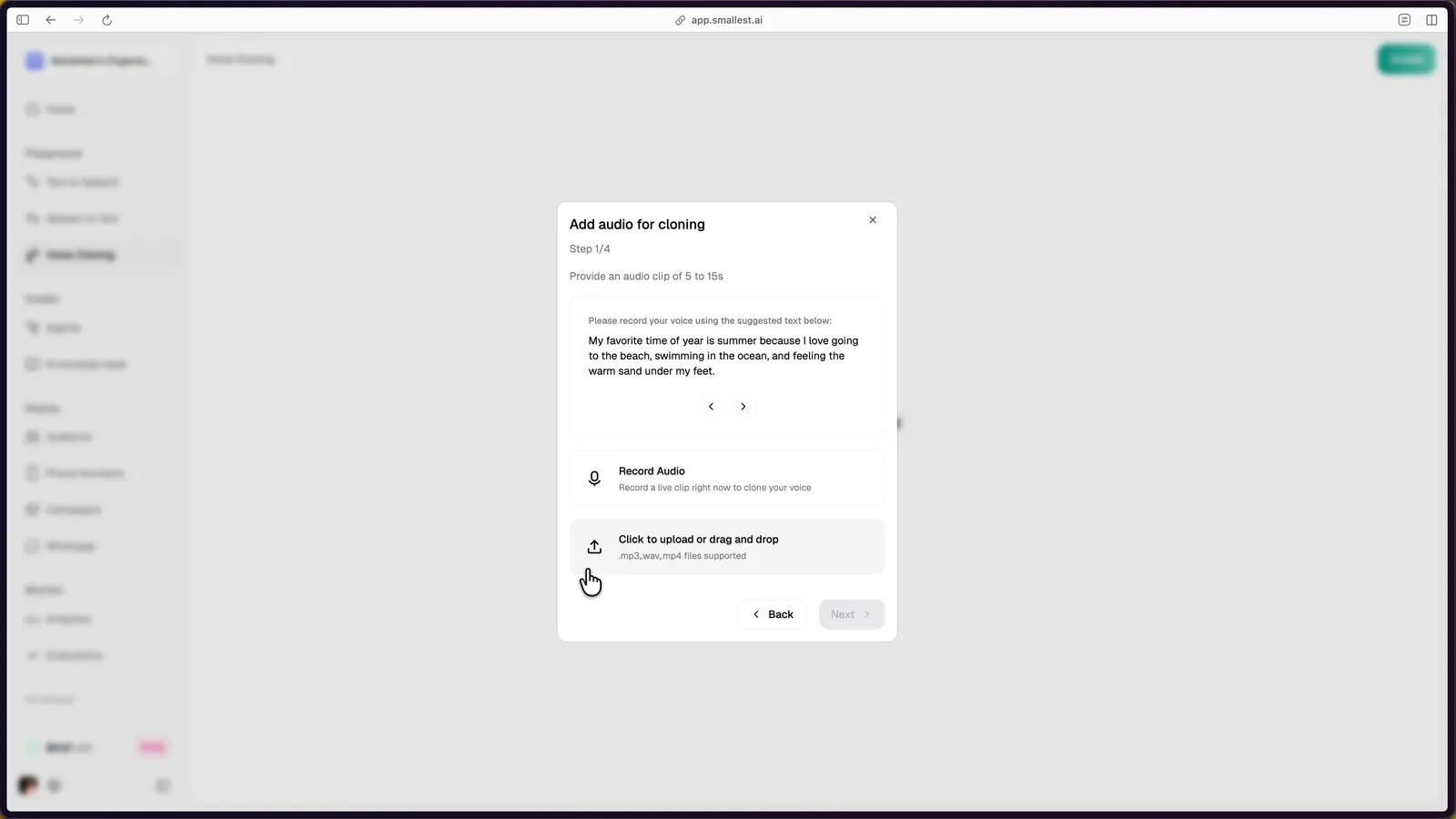Add audio for cloning dialog showing Record Audio and upload options