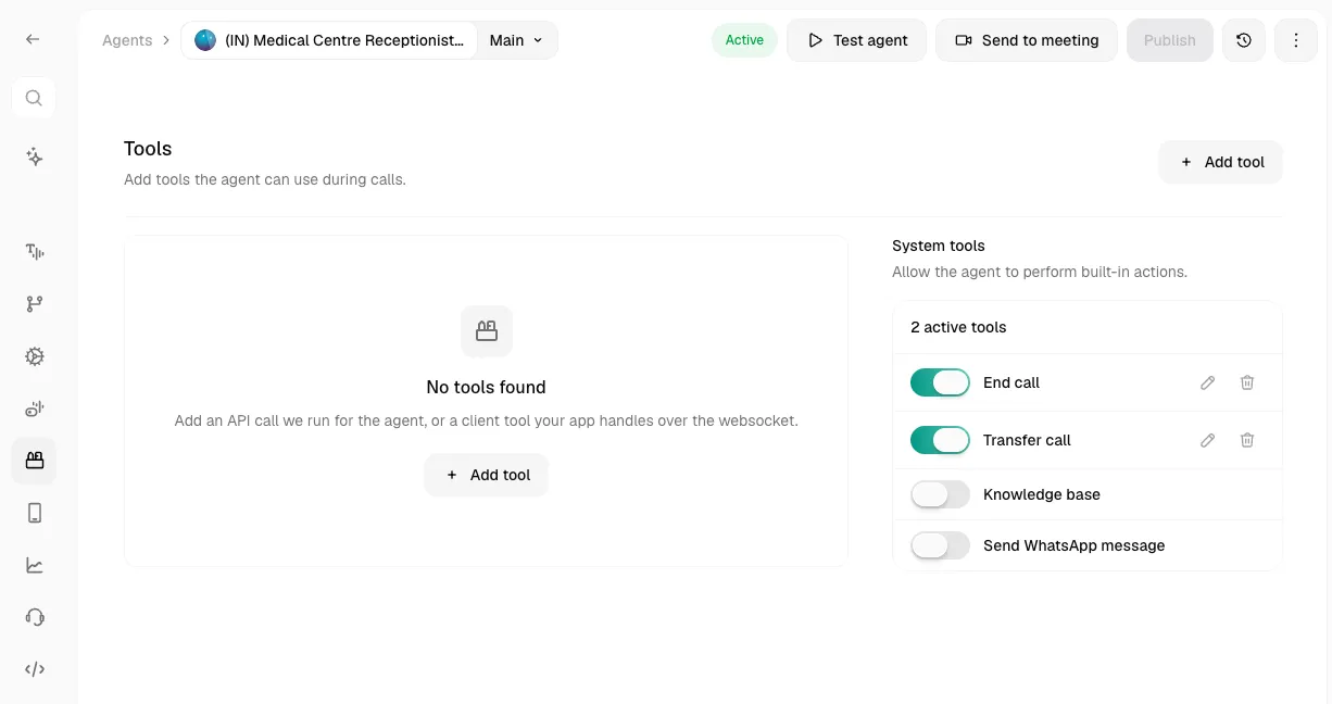 Tools tab in the agent editor showing system tools panel and custom tools list