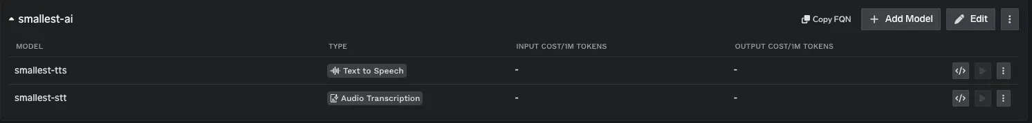 Smallest AI models on the provider account