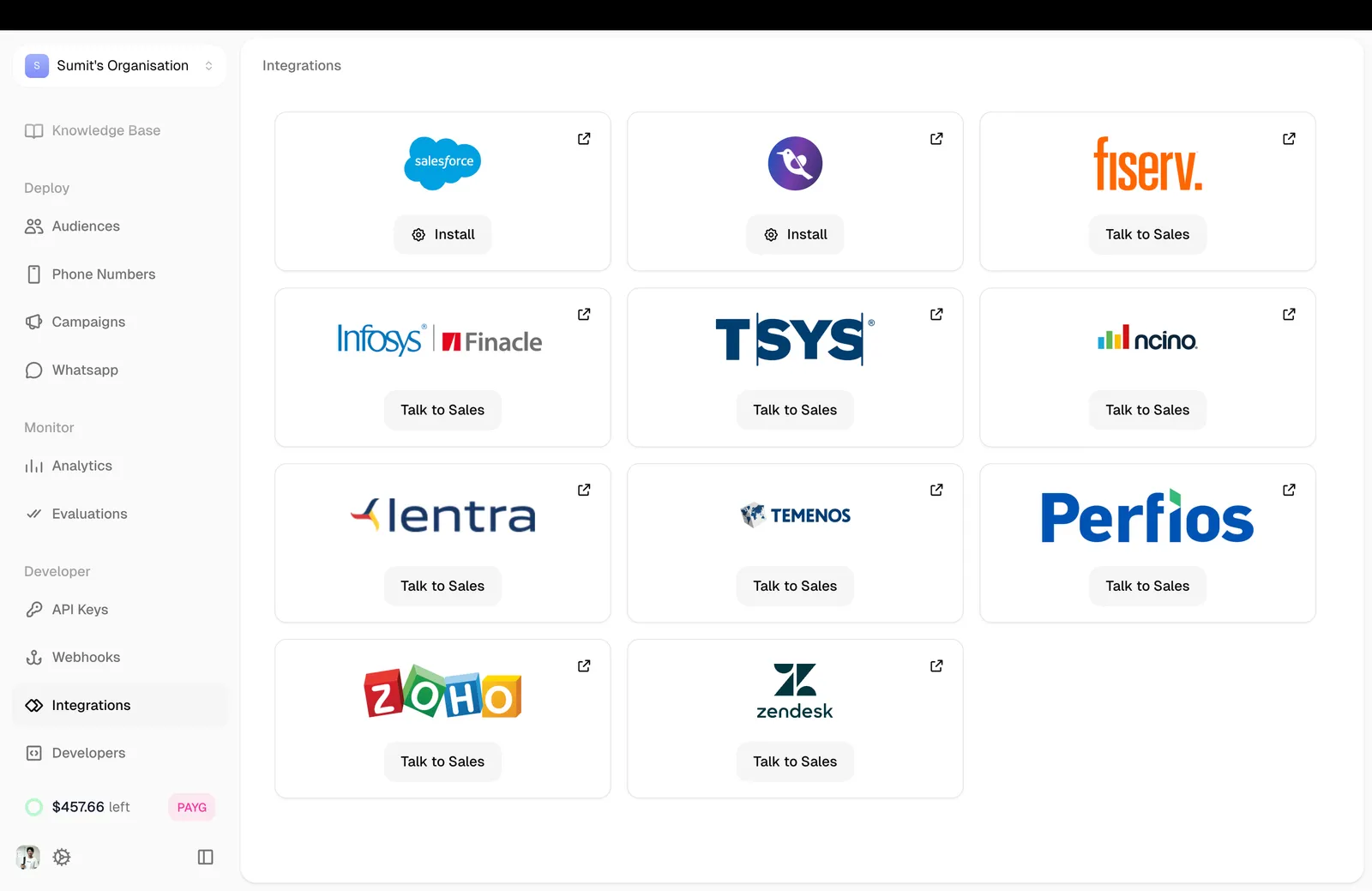 Integrations page