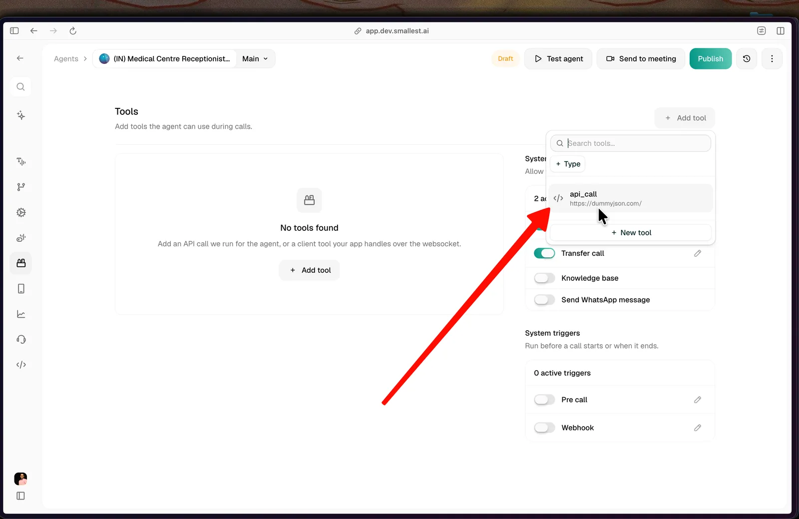 In-agent Add tool picker listing an existing library tool and a New tool option