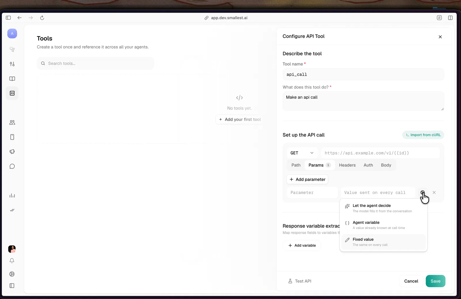 Dropdown showing Let the agent decide, Agent variable, and Fixed value