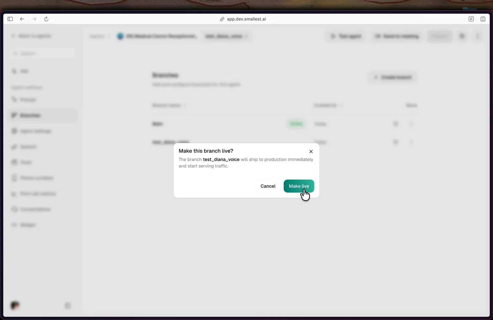 Make branch live modal