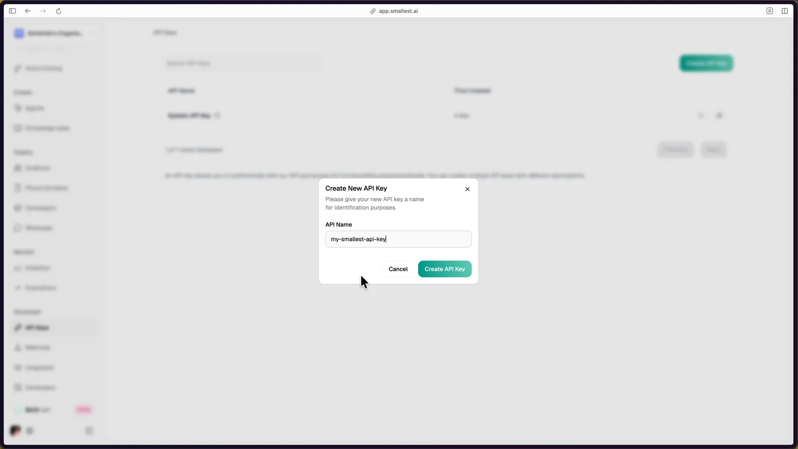 Create New API Key dialog with API Name field and Create API Key button