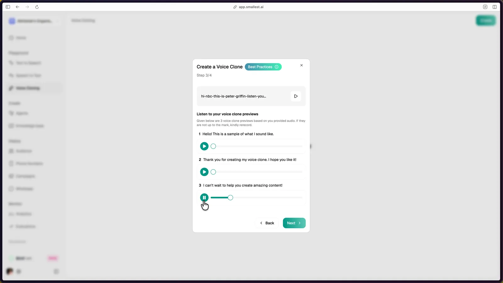 Voice clone preview dialog showing three generated audio samples with playback controls