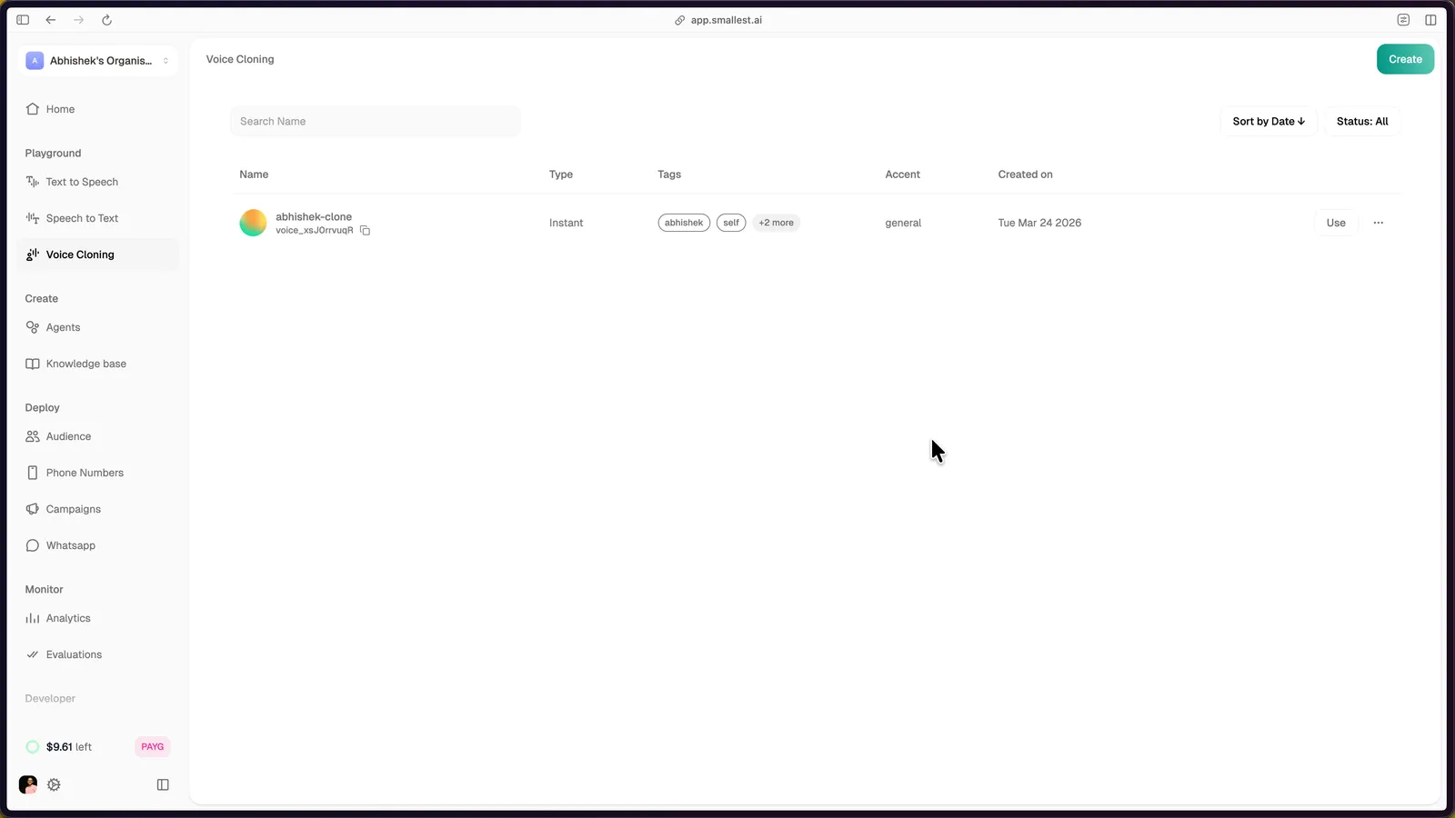 Voice Cloning dashboard listing cloned voices with name, type, tags, accent, and creation date