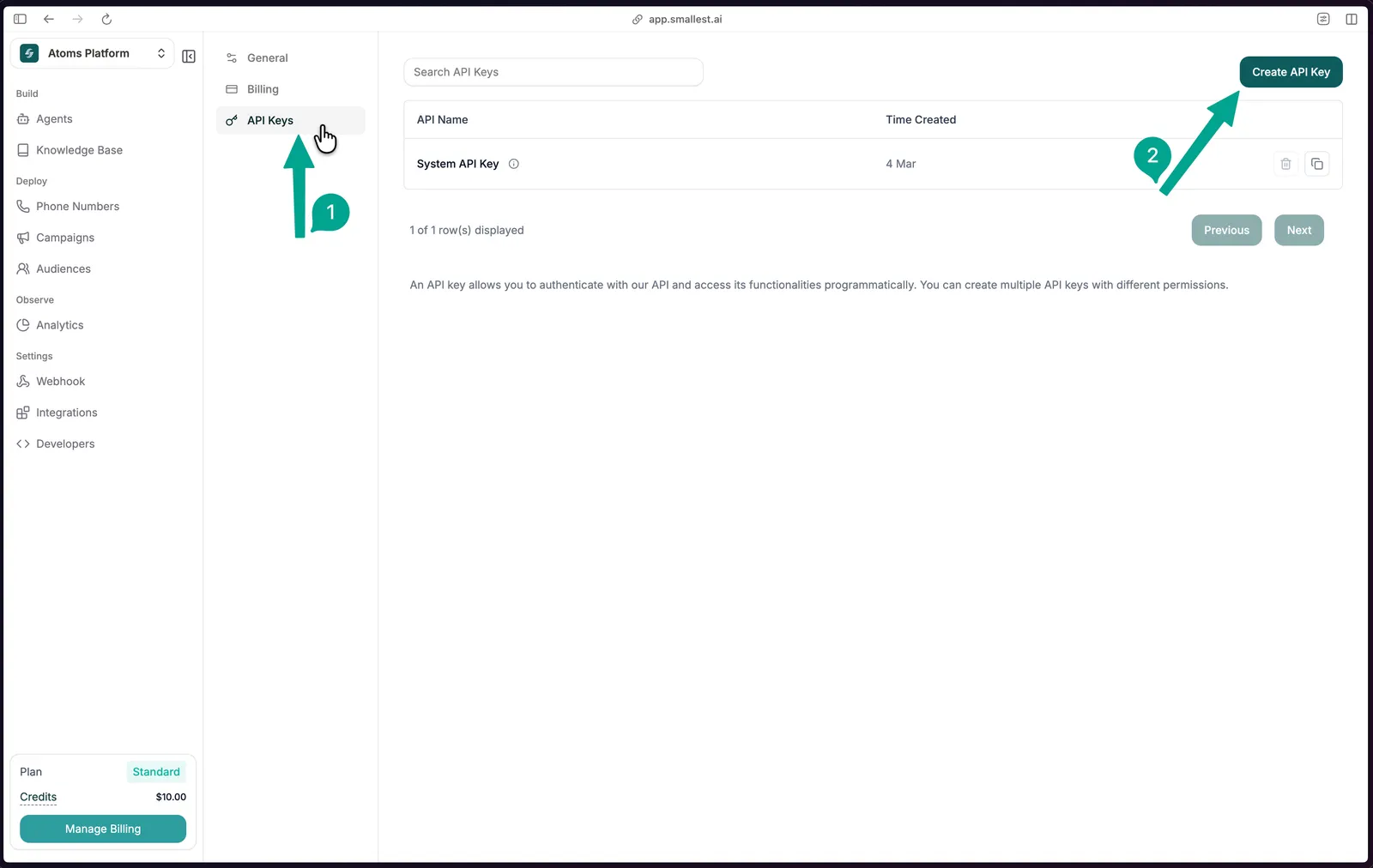 API Keys settings page with Create API Key button highlighted