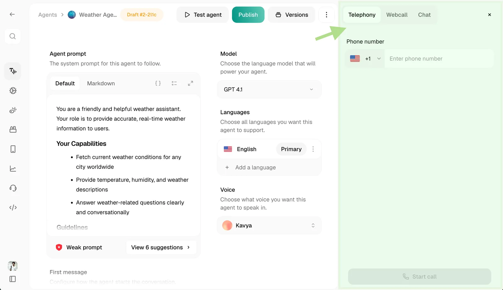 Test your agent via Web Call, Telephony, or Chat