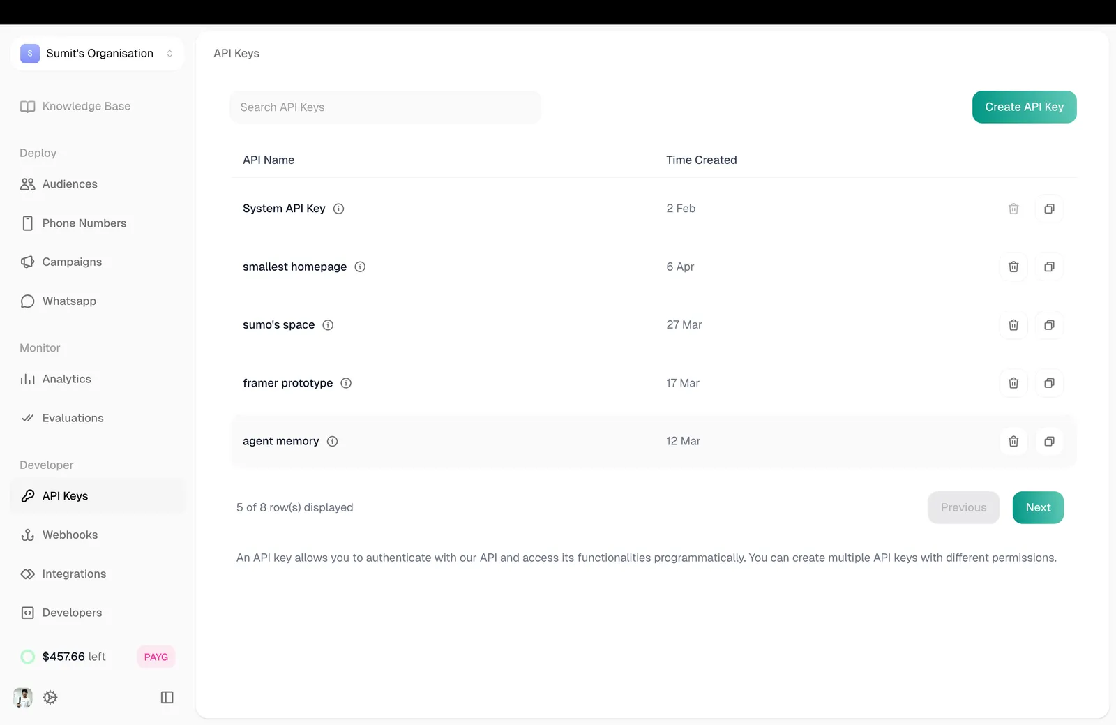 Atoms platform API Keys settings page showing existing keys and the Create API Key button