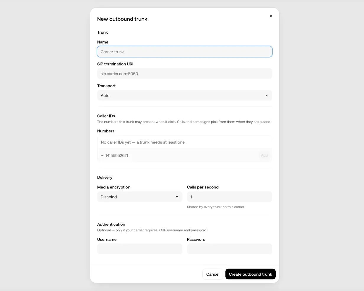 New outbound trunk form with SIP termination URI, transport, caller IDs, media encryption, and calls per second fields