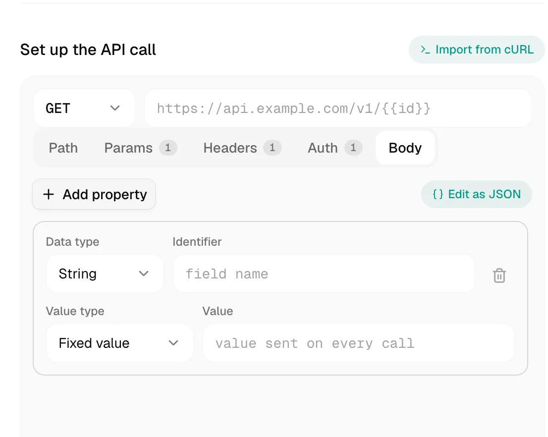 Body tab with Add property and Edit as JSON