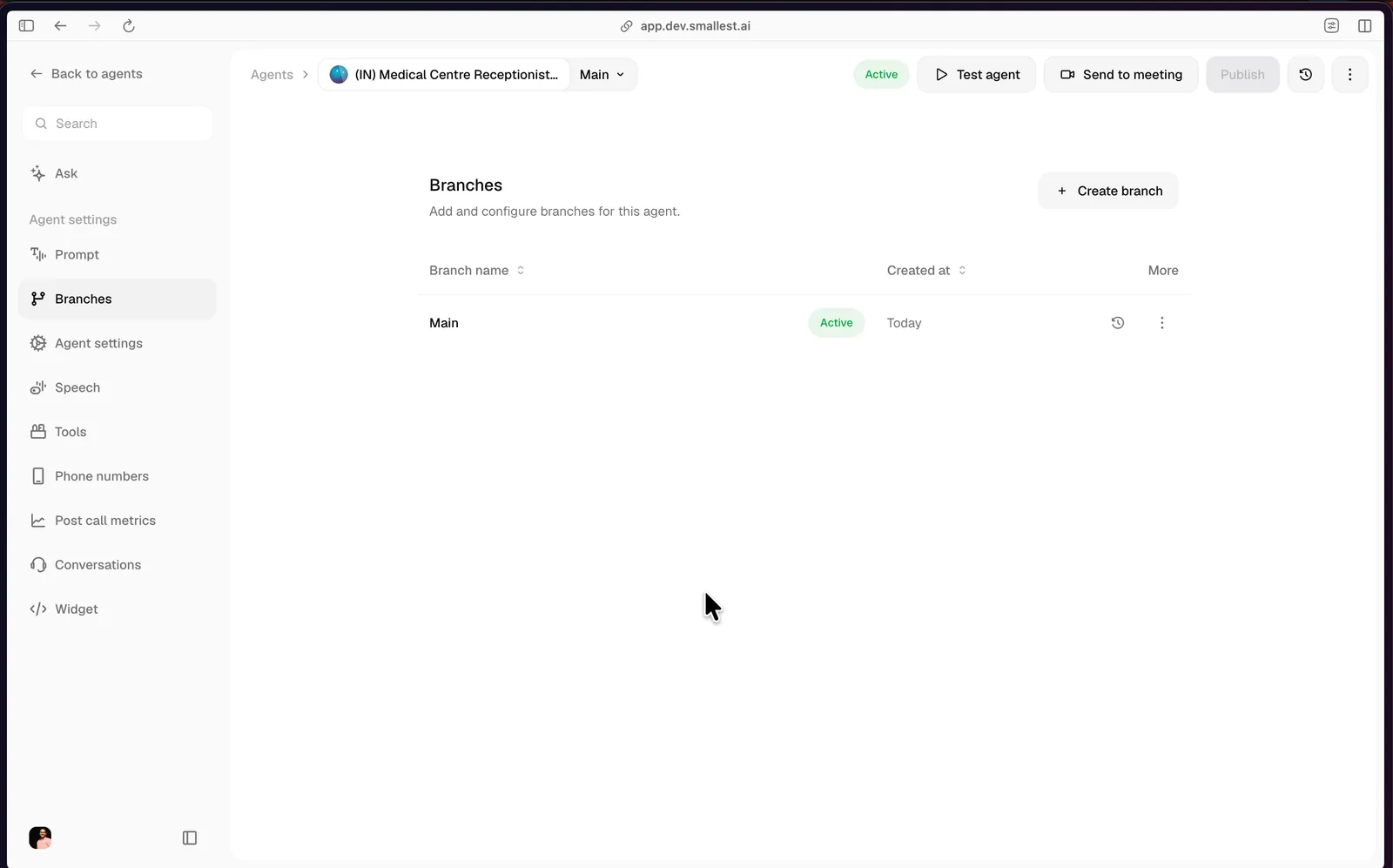Branches page with Main only