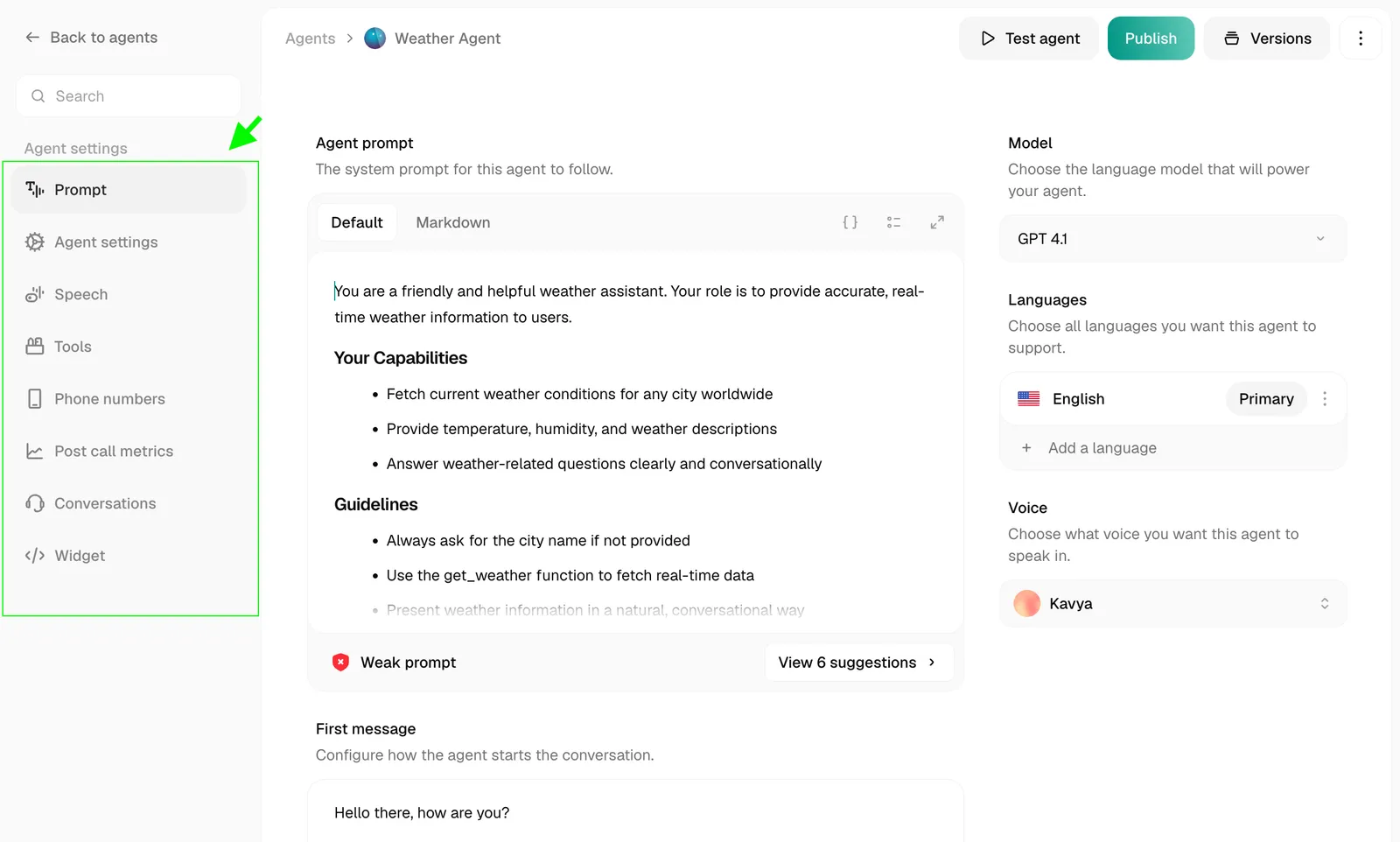 Agent Settings dashboard showing the Configure Behavior, Connect External Services, and Monitor & Improve panels
