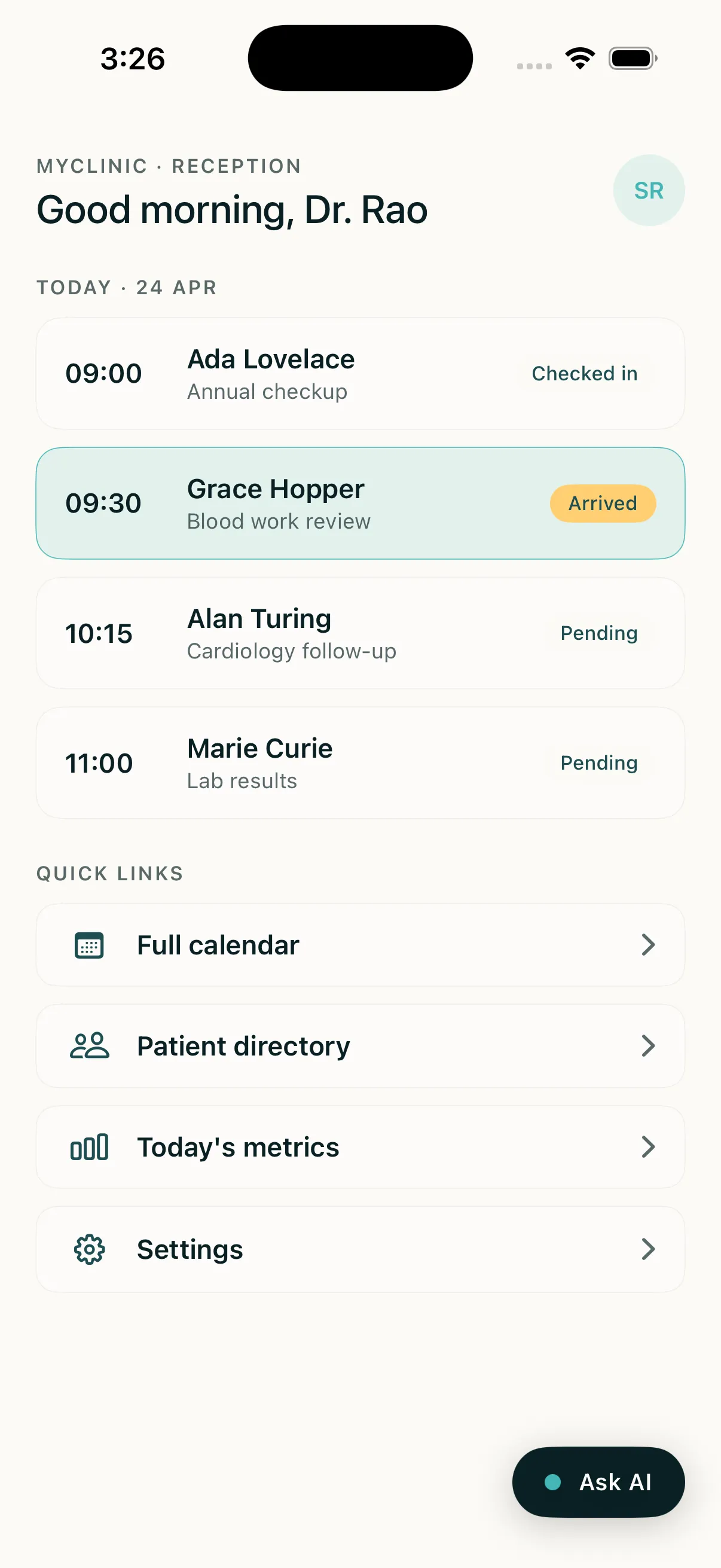 iOS host with Ask AI pill