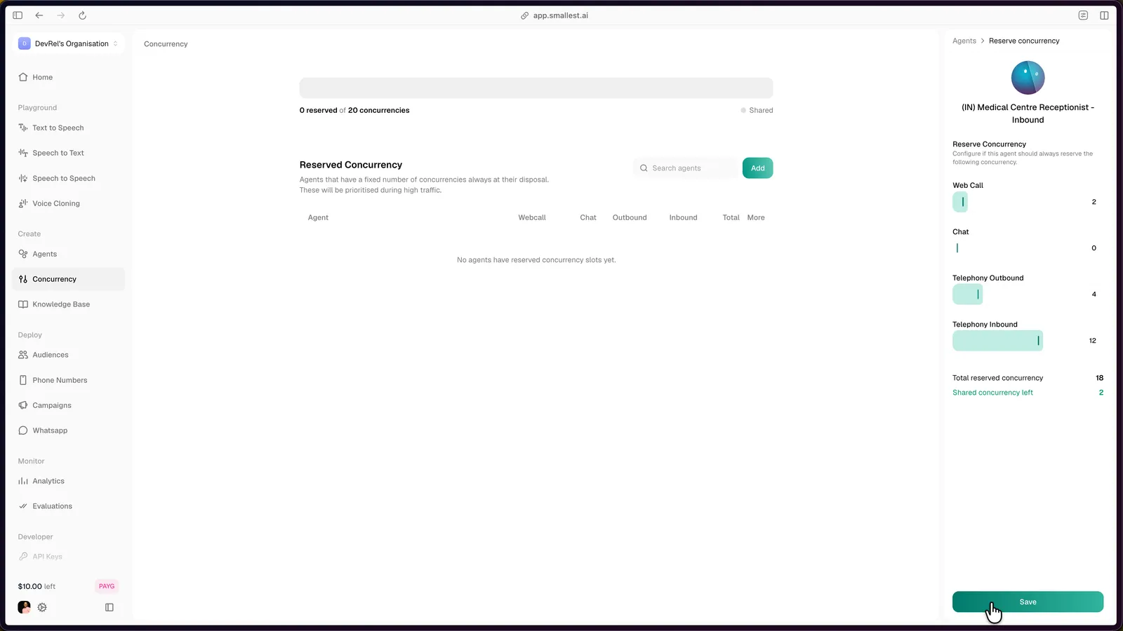 Reserve concurrency panel with per-channel sliders for one agent